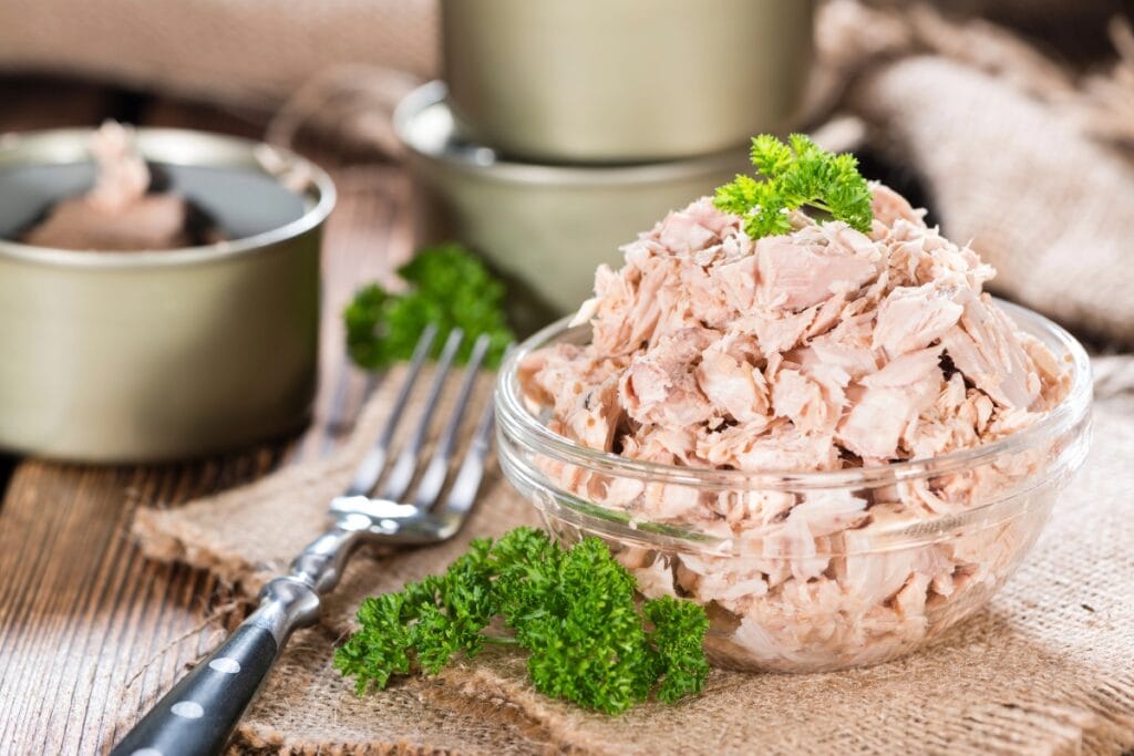Tuna chunks in a bowl with an opened can in the background.