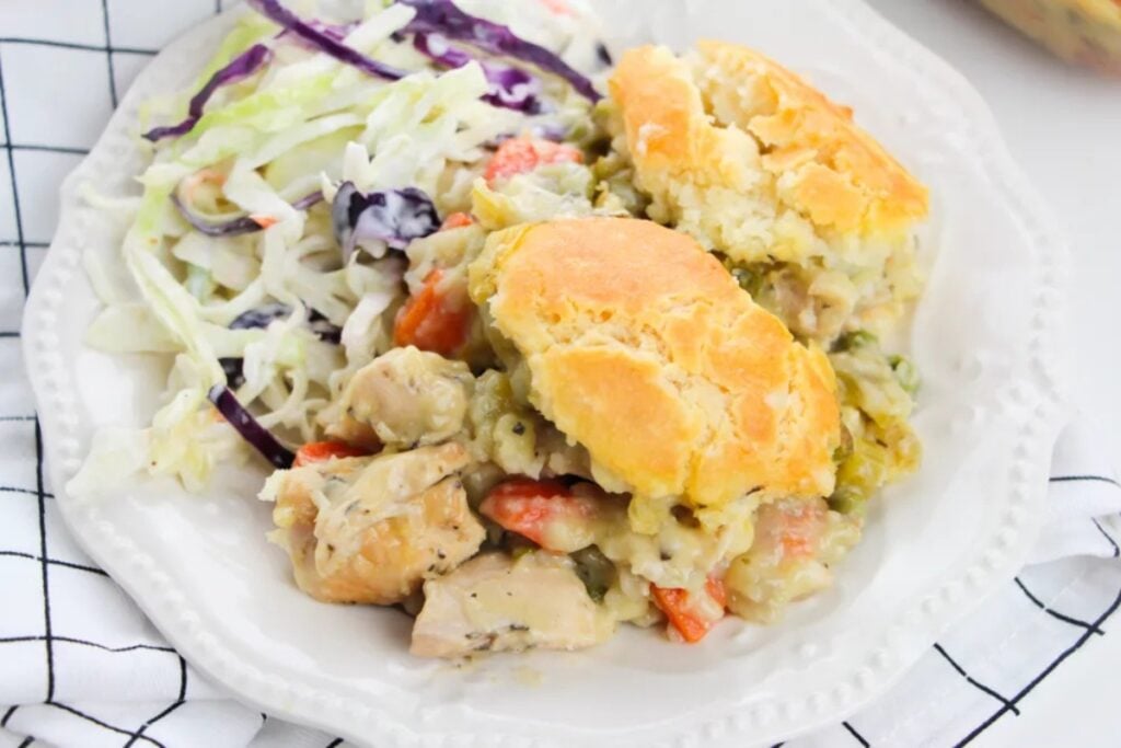 Chicken pot pie casserole in a white plate.
