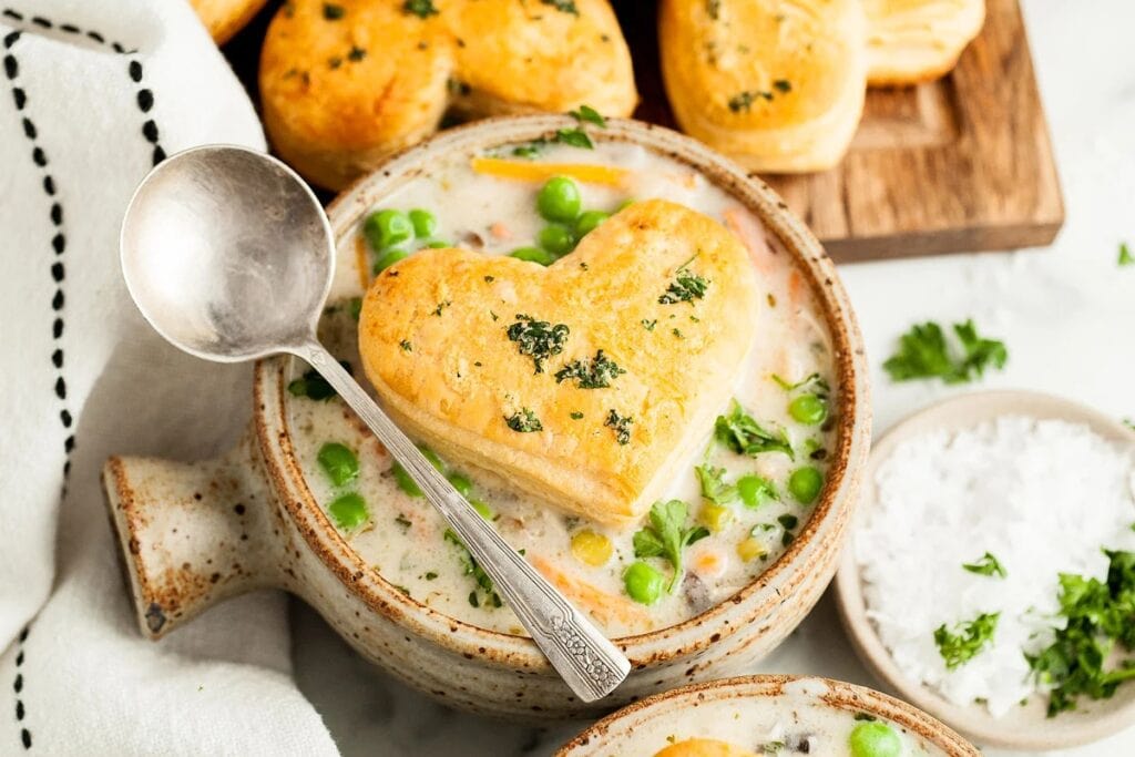 Chicken pot pie soup in a bowl.