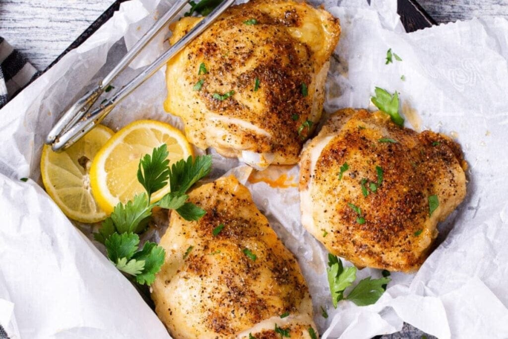 Chicken thighs with lemon and herbs in an air fryer.
