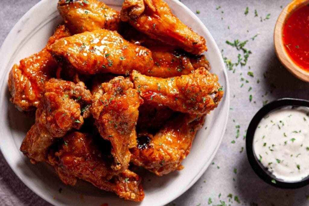 Chicken wings on a white plate.