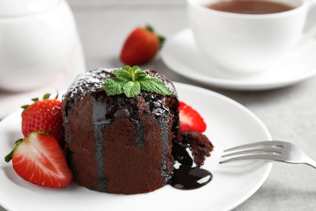Chocolate lava cake on a plate.
