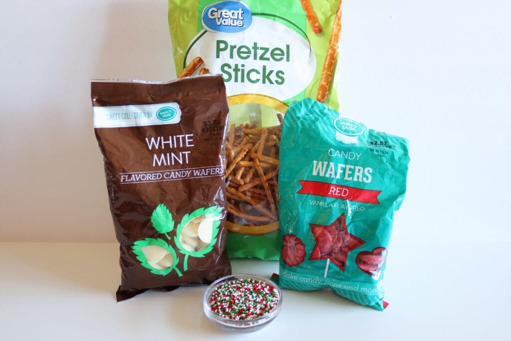 Ingredients for Christmas tree pretzels.