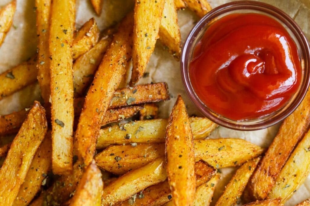 Classic seasoned French fries with ketchup in a small dipping dish.