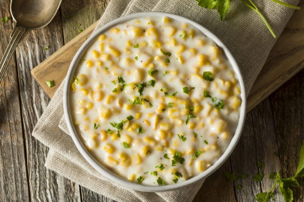 Creamed corn in a bowl.