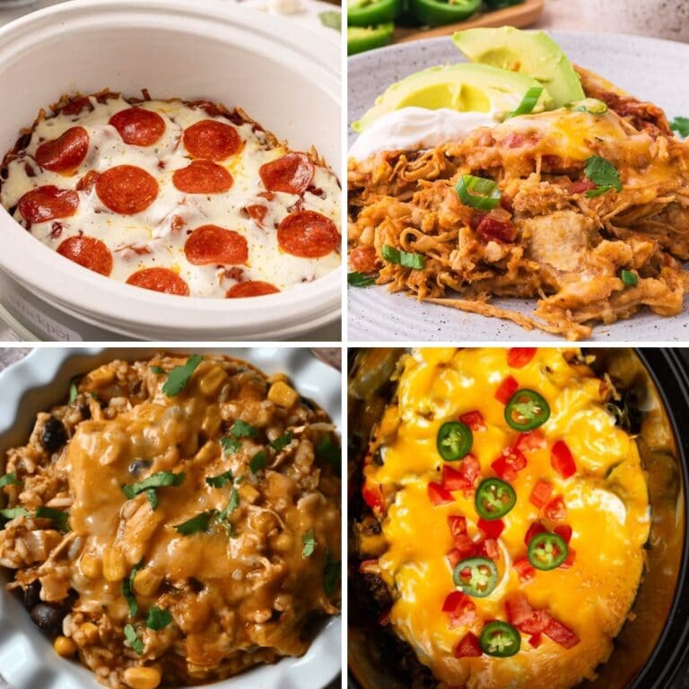 Collage of various crockpot casserole recipes for dinner.