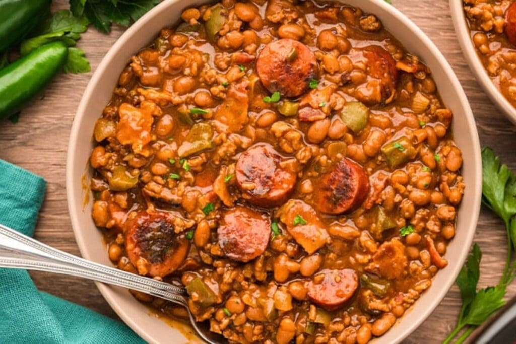 Crockpot cowboy beans with kielbasa in a bowl.