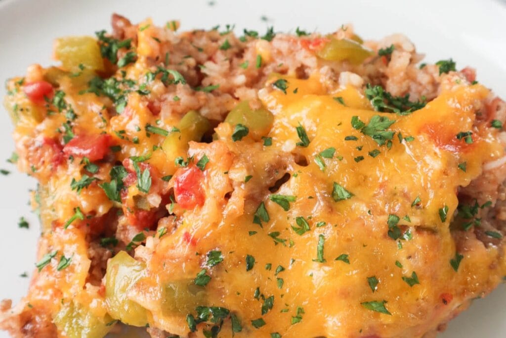 Crockpot stuffed pepper casserole on a plate.