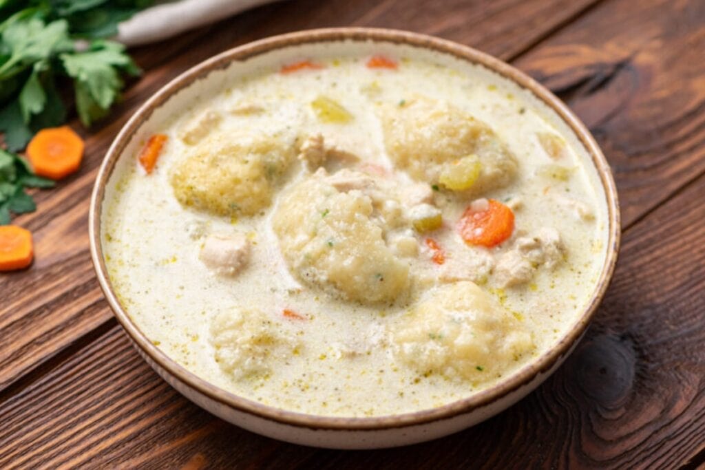 Dutch oven chicken and dumplings served in a bowl.