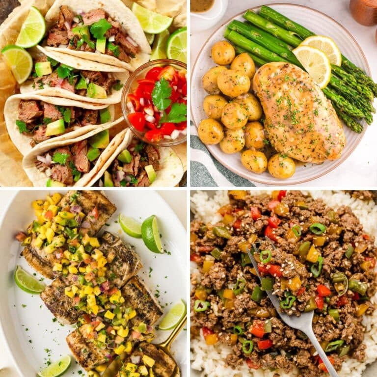 Collage of easy August dinner recipes
