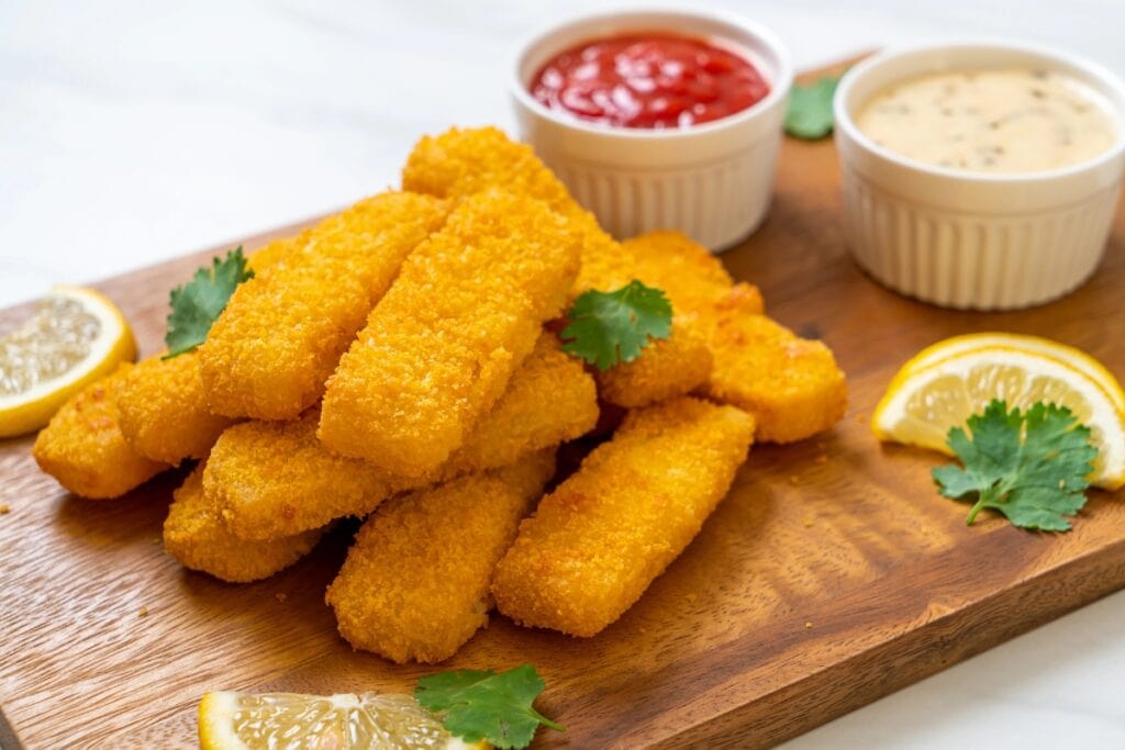 Fish sticks on a wooden board with two dipping sauces.