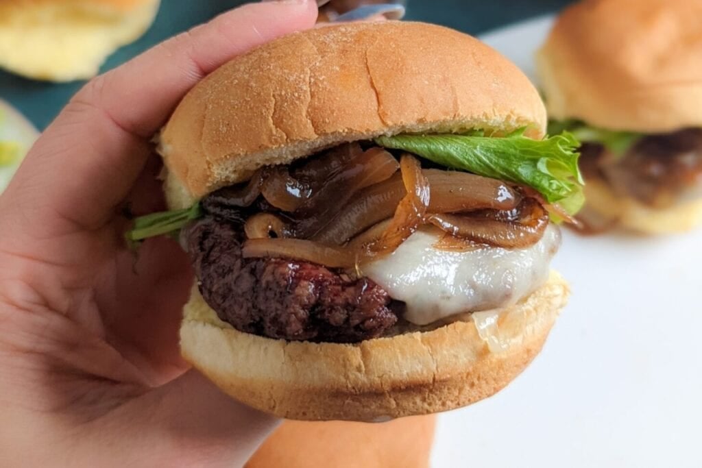 French onion slider with melted cheese and caramelized onions.