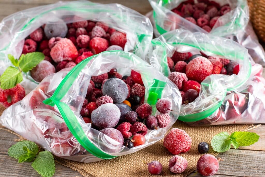 Frozen fruit portions for smoothie packs.