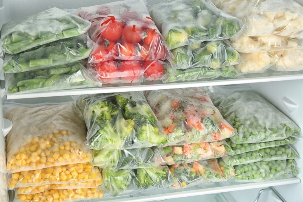 Frozen corn, peas, and mixed vegetables in clear freezer bags.
