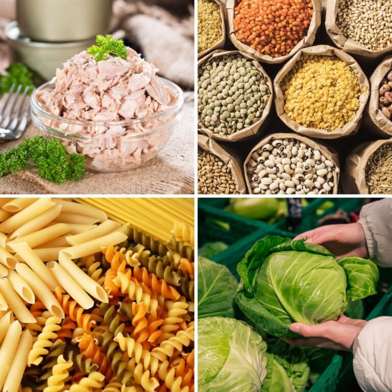 Collage of grocery items that are still cheap.