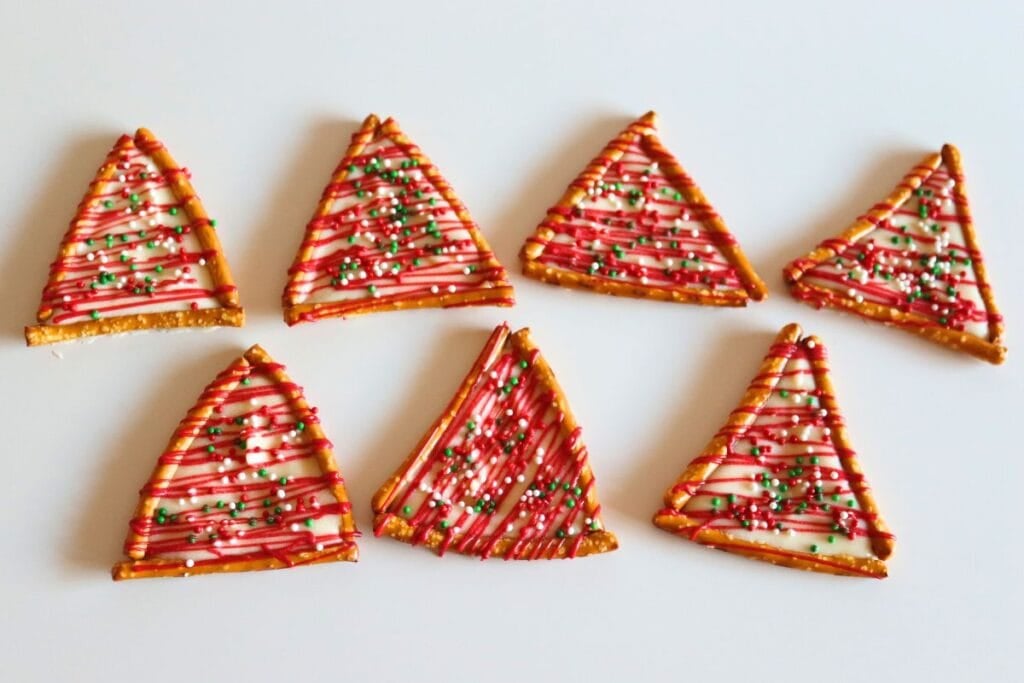 Christmas tree pretzels close up shot.