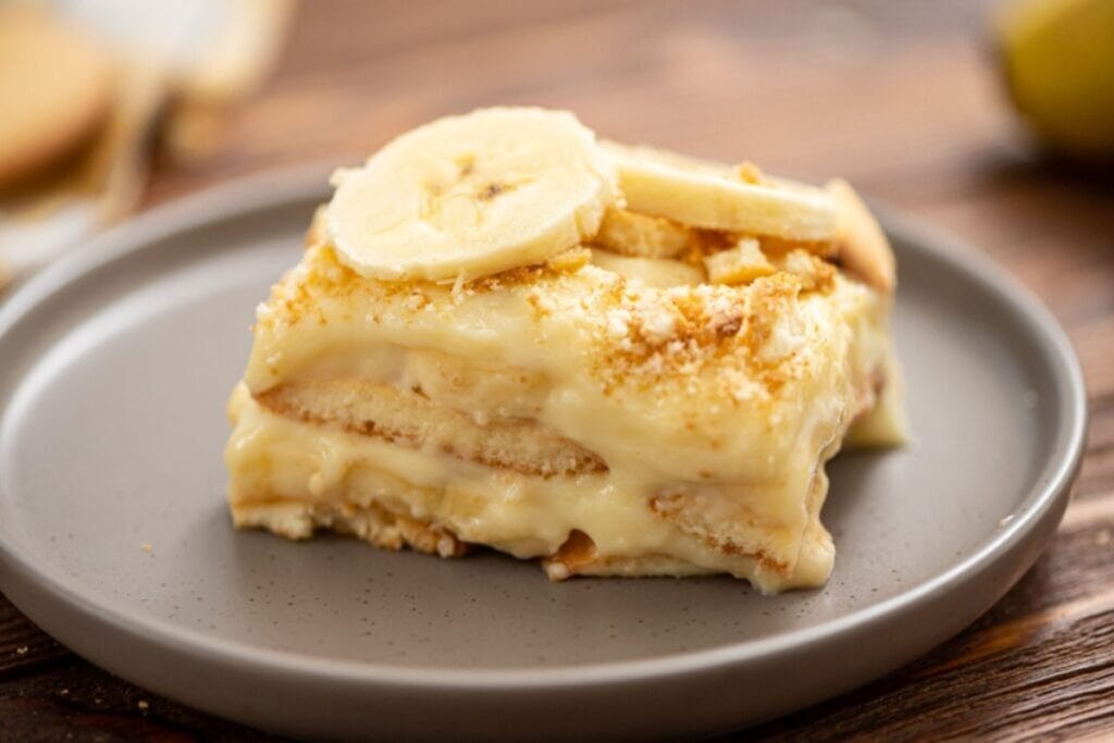 Homemade banana pudding on a plate.