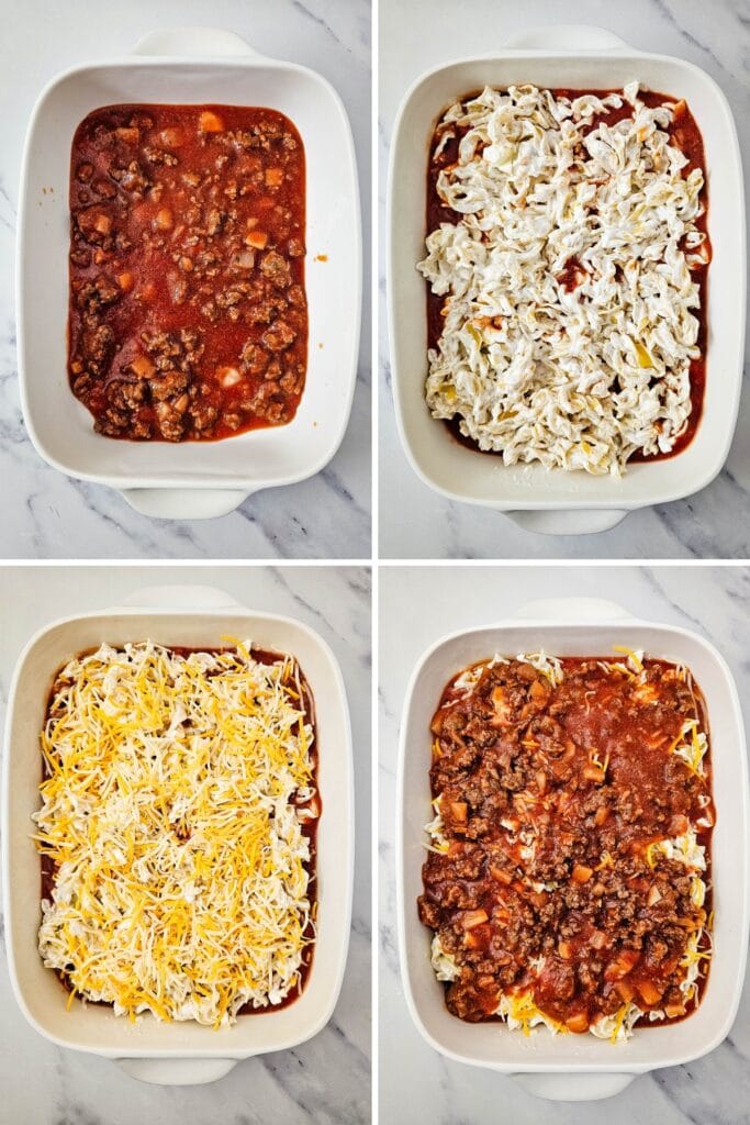 Collage of four images showing how to make creamy beef noodle casserole.