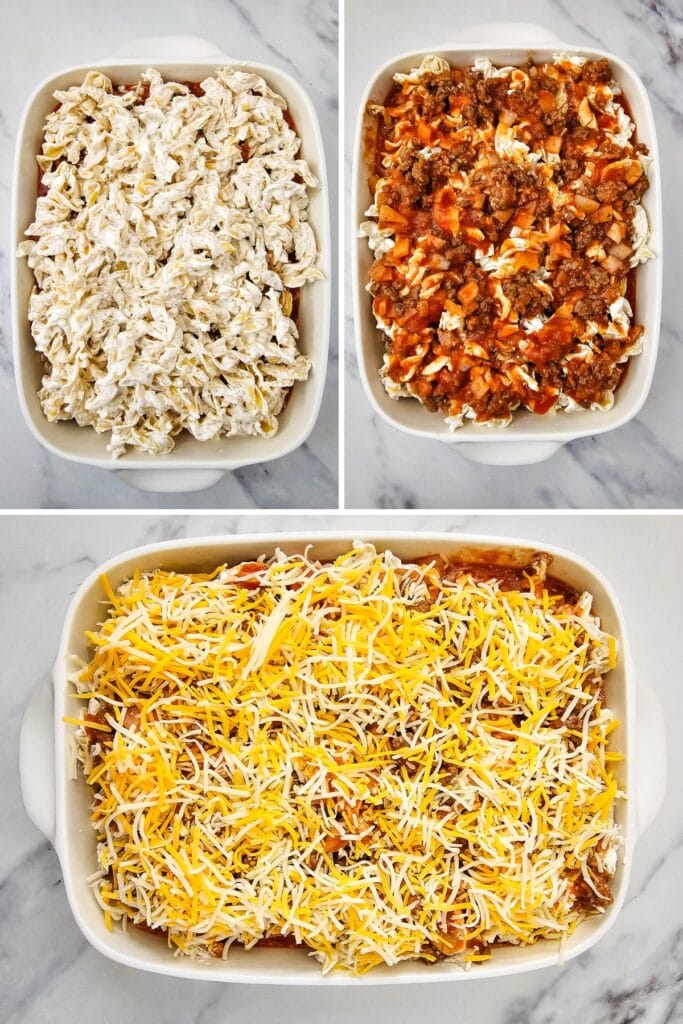 Collage of three images showing how to make creamy beef noodle casserole.