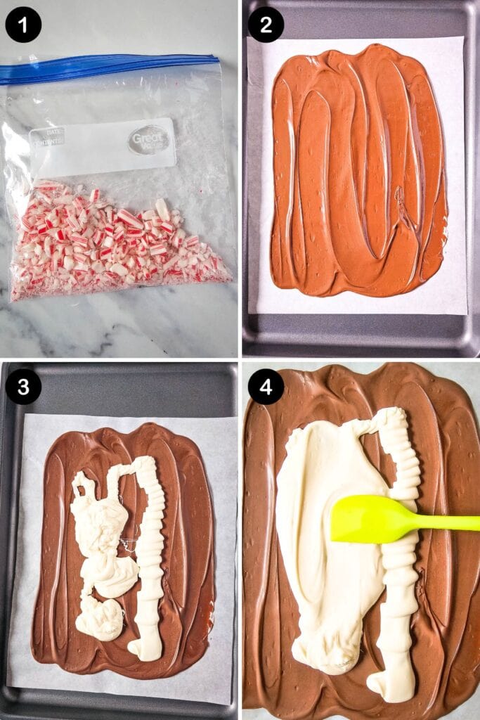 Process shots of peppermint bark.