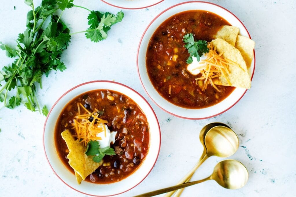 Two bowls of Instant Pot taco soup.