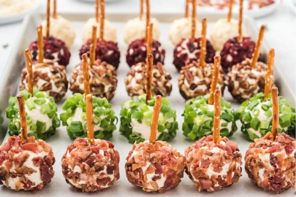 Mini cheese balls pretzels on tray