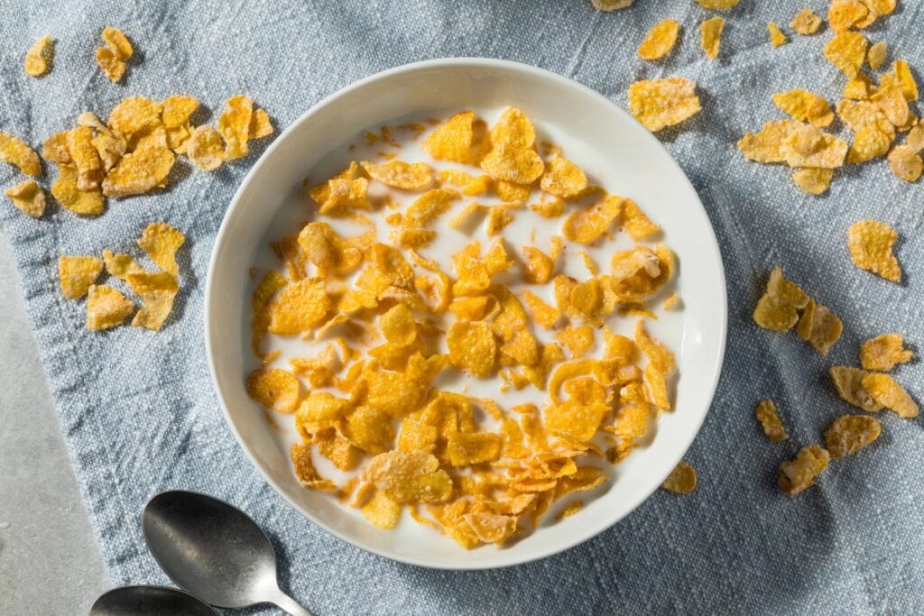 Bowl of breakfast cereal with milk.