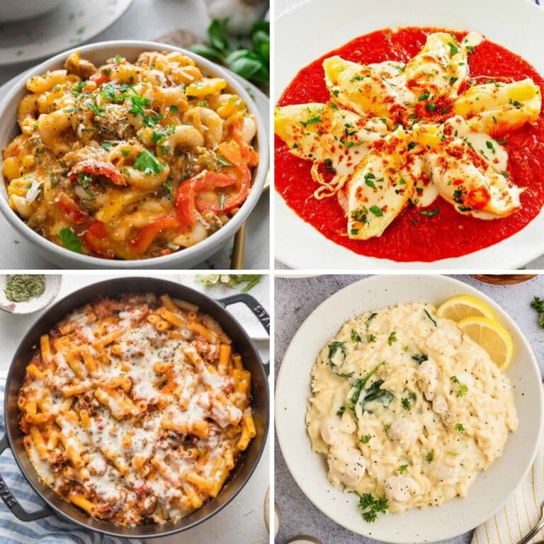 Collage of pasta recipes for easy dinners.
