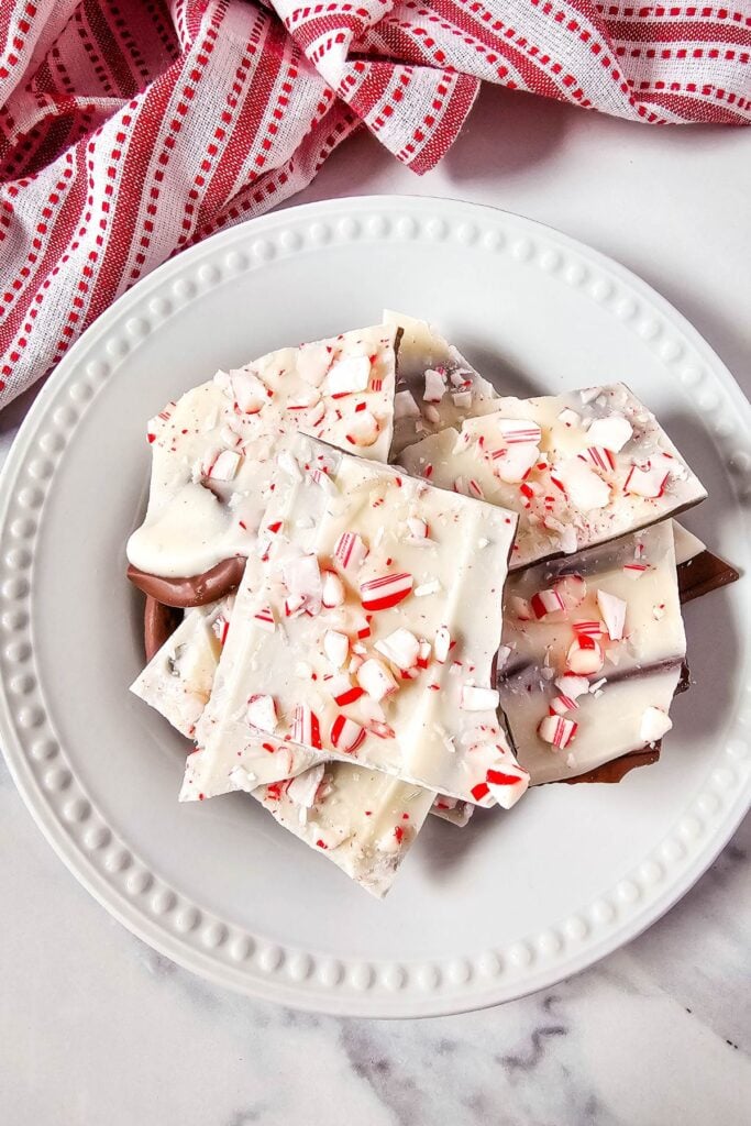 Peppermint barks ona plate.