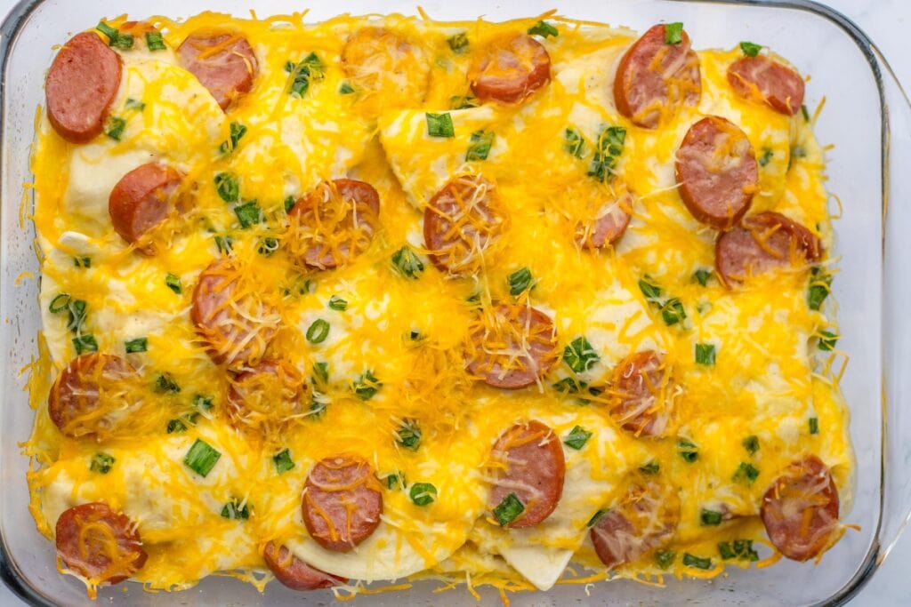 Pierogi casserole in a glass baking dish.