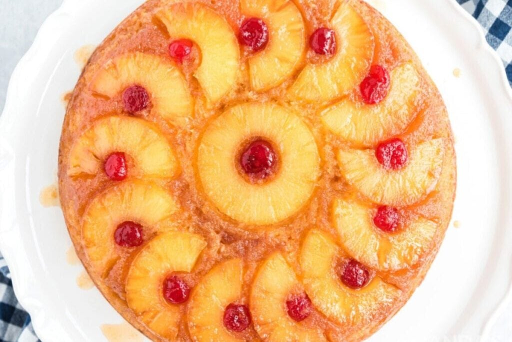 Pineapple upside-down cake on a plate.