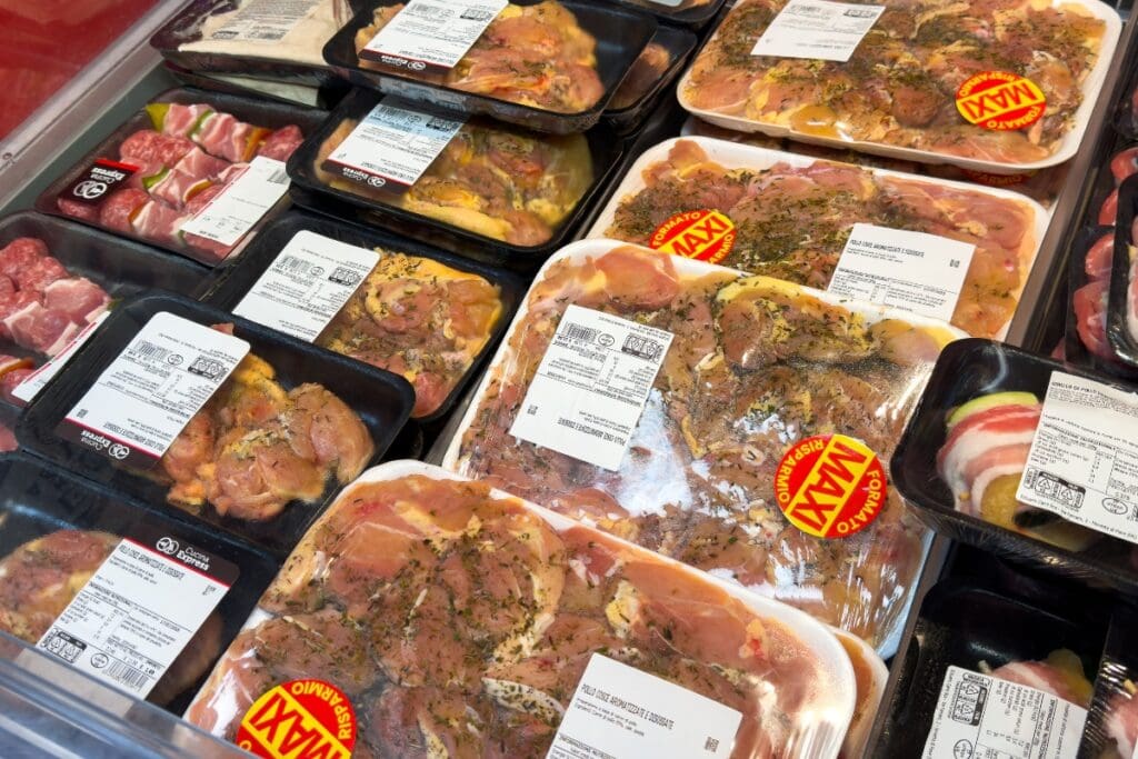 Assorted pre-marinated meats in packages displayed in a grocery store.
