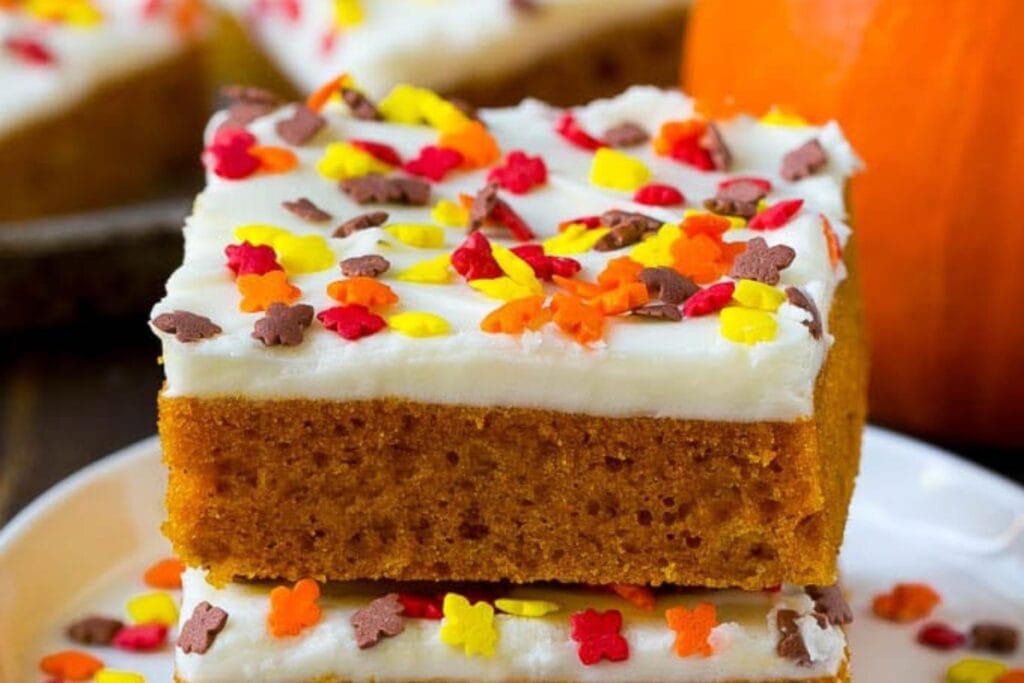 Pumpkin bars on a plate.