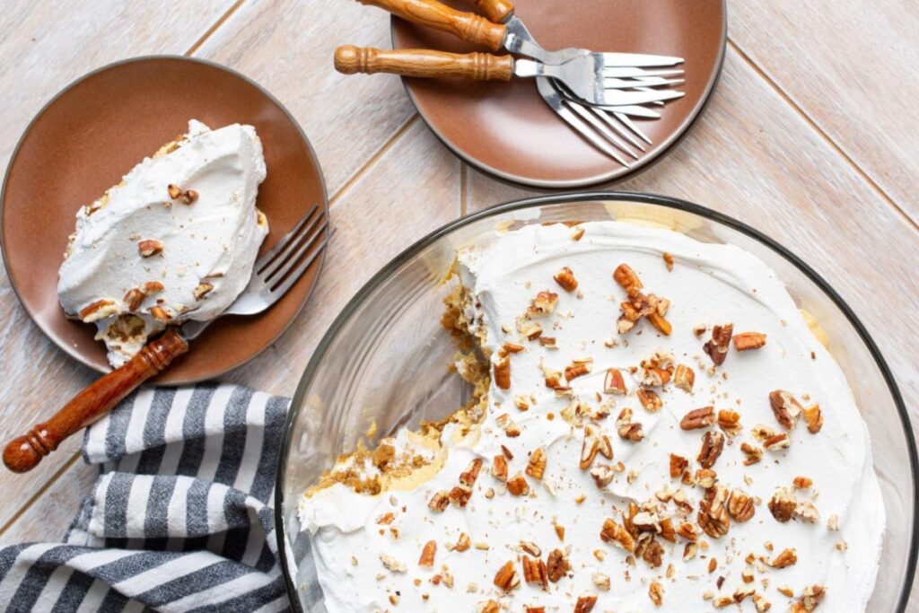 Pumpkin trifle on a plate and in a glass bowl.
