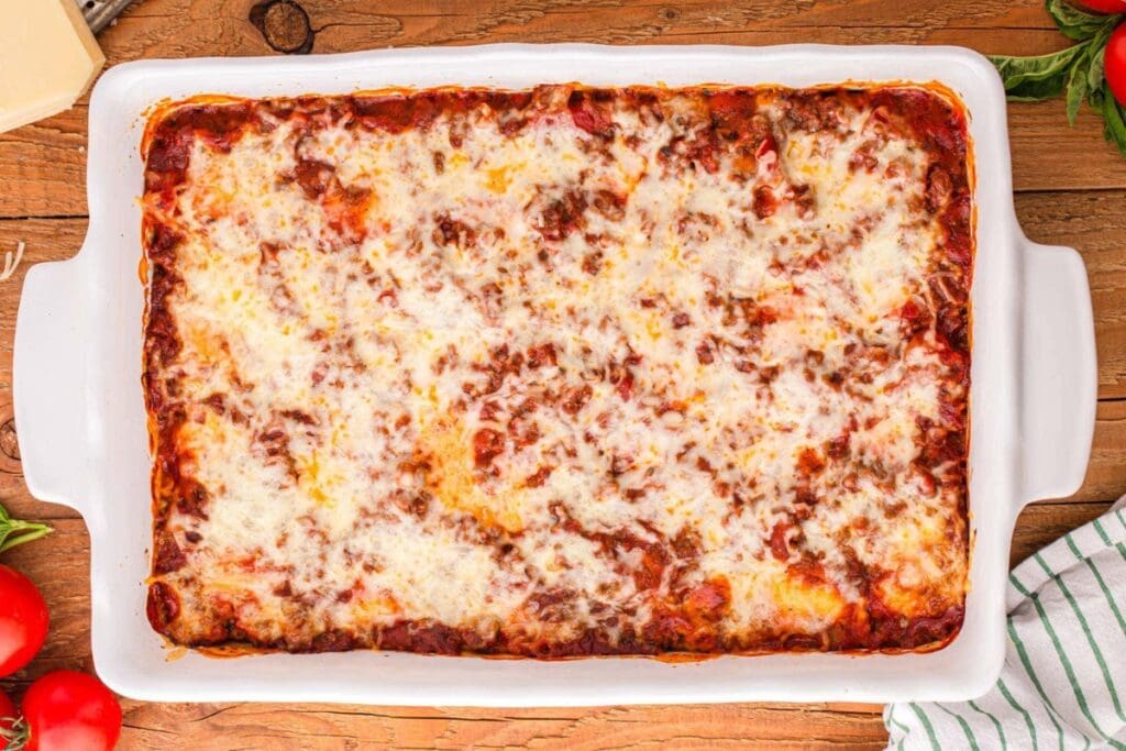 Ravioli lasagna in a rectangular baking dish.