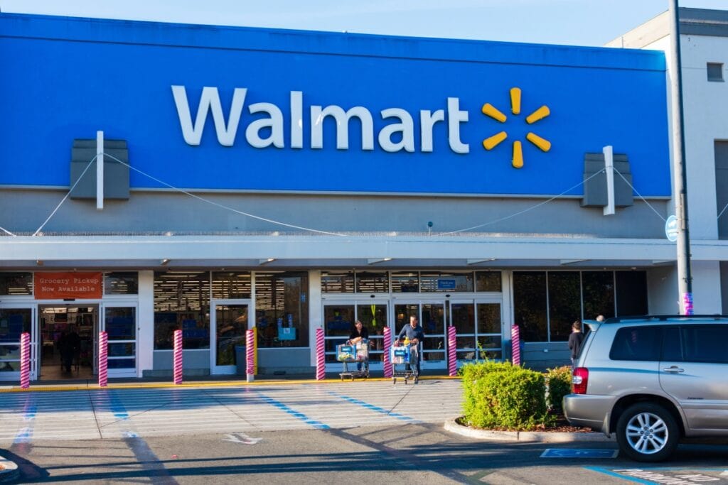 Front view of Walmart building with signage.