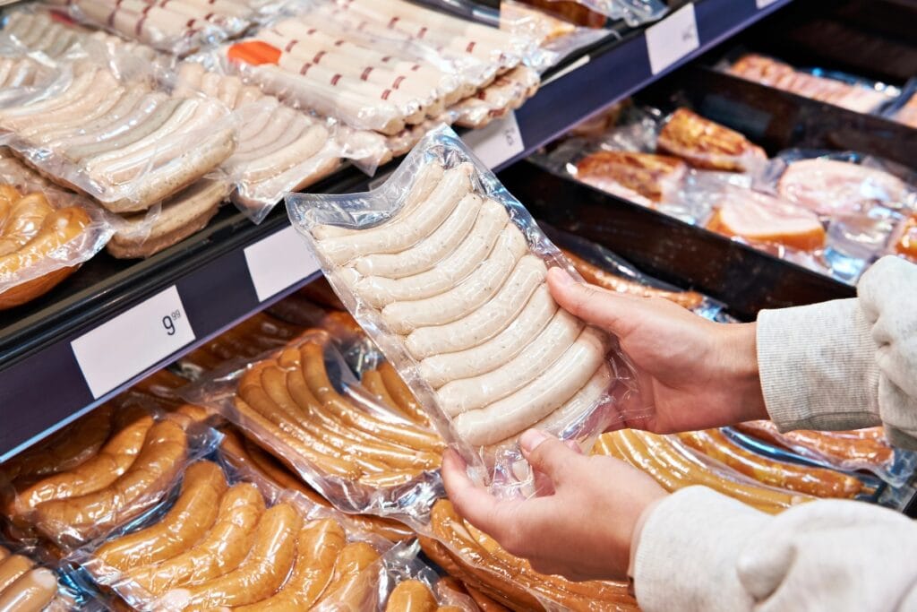 Woman holding a pack of sausages in front of refrigerated shelves in a grocery store.
