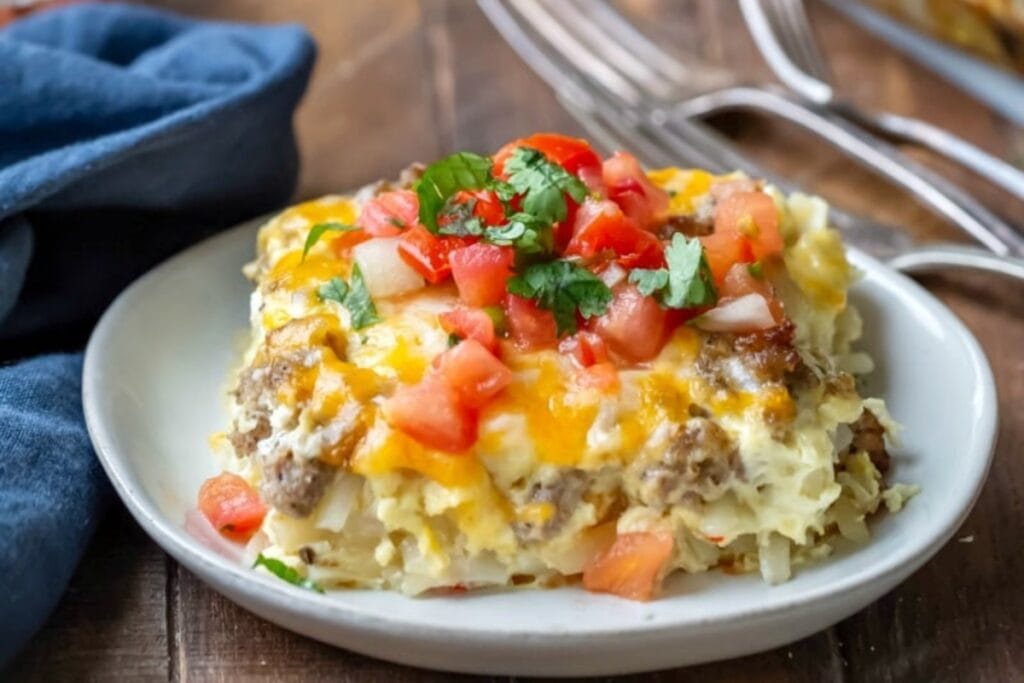 Sausage breakfast casserole on a white plate.