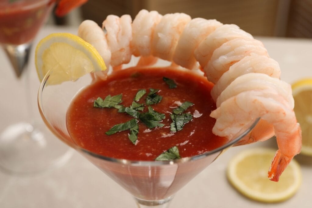 Shrimp cocktail on a table.