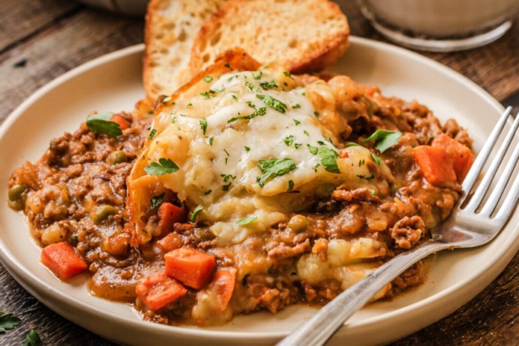 Slow cooker cottage pie with bread and a fork on a white plate.