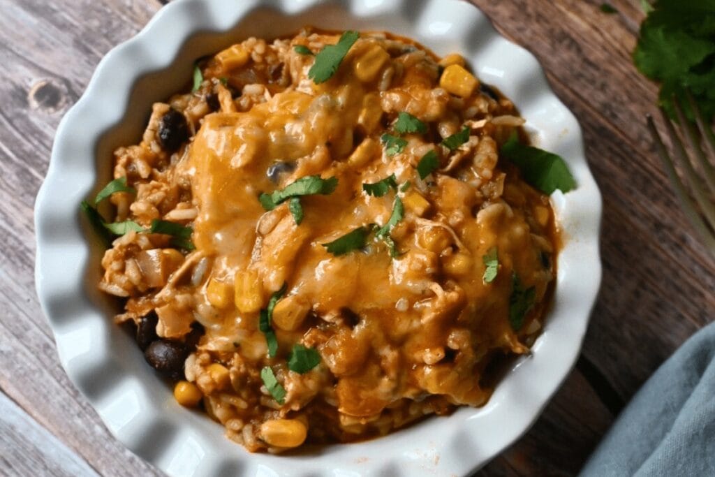 Slow cooker Southwest chicken casserole served on a plate.