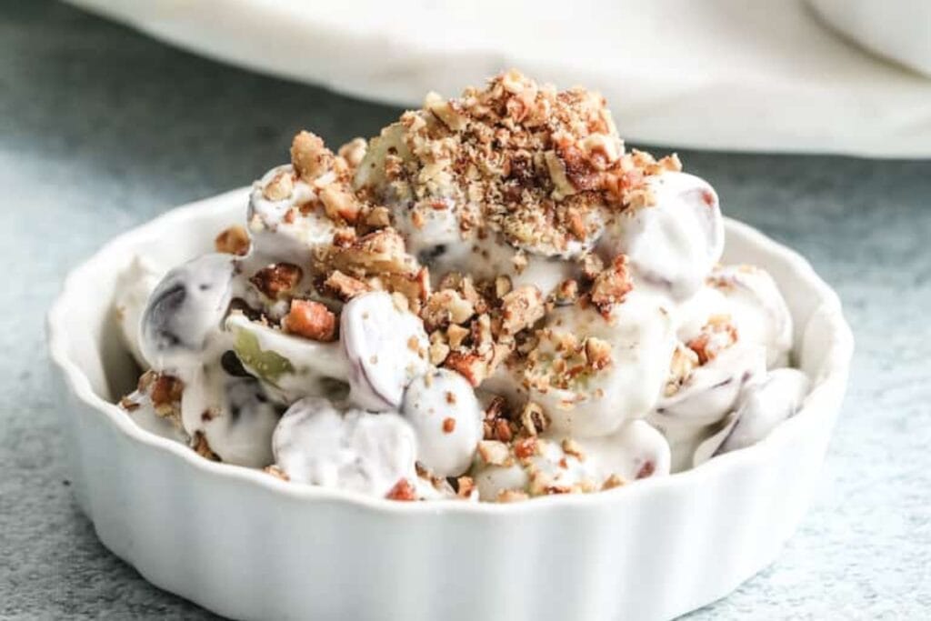 Southern grape salad in a white bowl.
