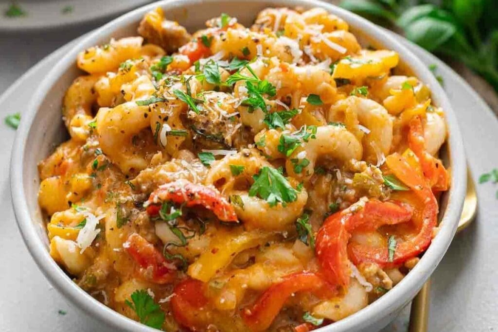Spicy sausage and pepper pasta in a bowl.