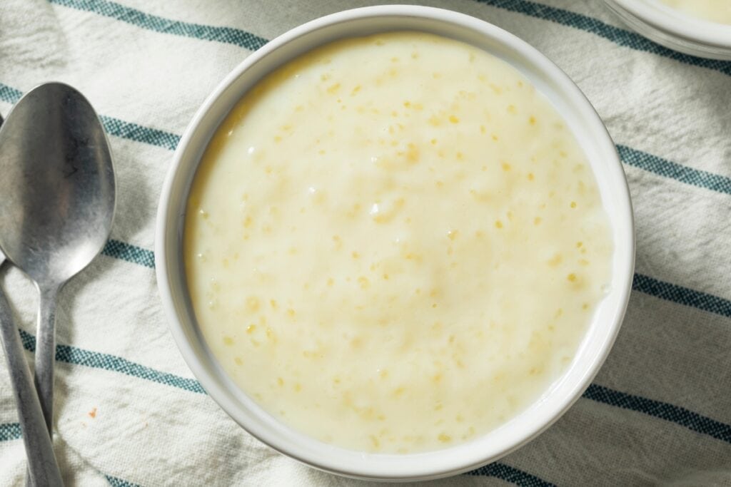 Tapioca Pudding in a white bowl.
