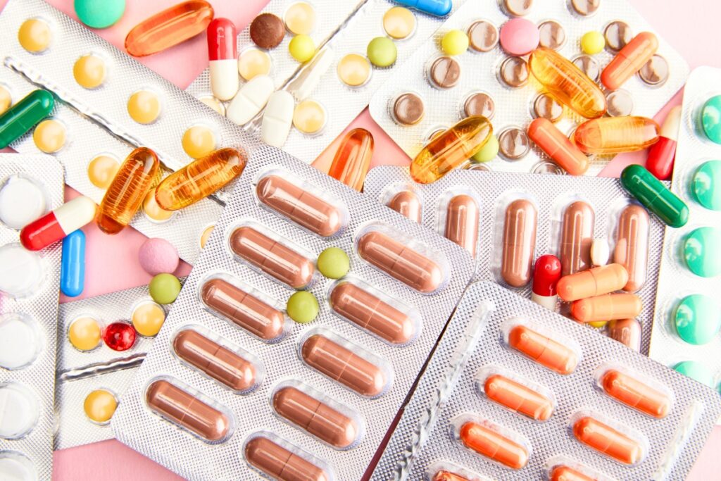 Assorted vitamins on a table.