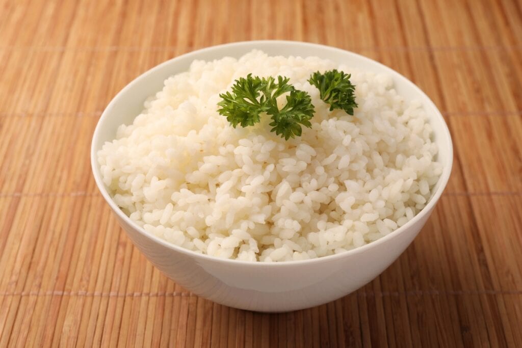 White rice in a white bowl.