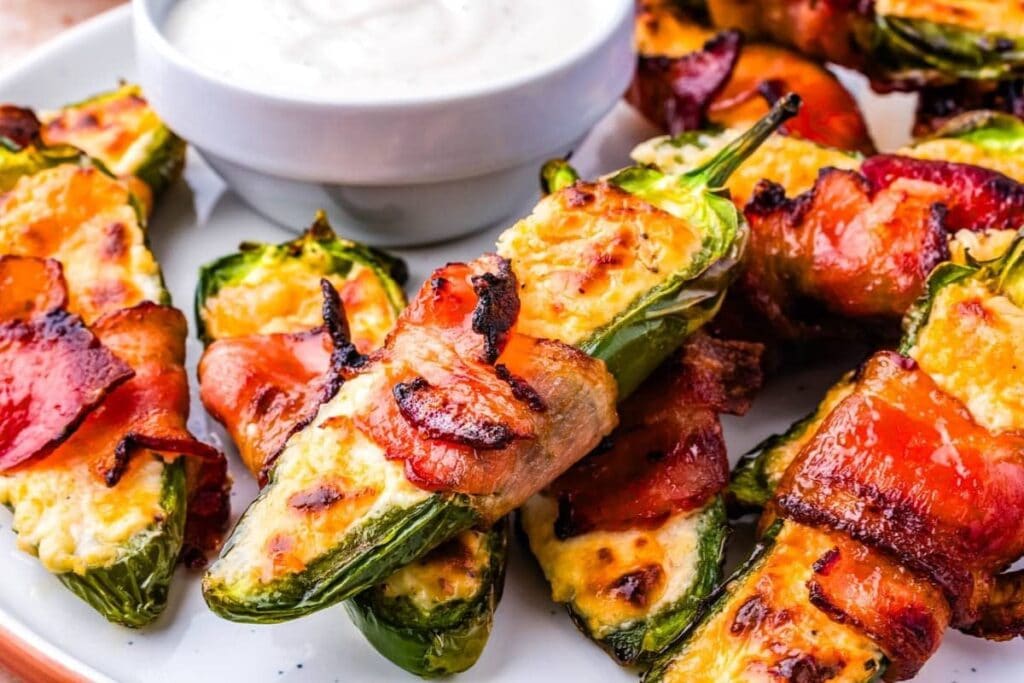 A close up shot of bacon wrapped jalapeno poppers.