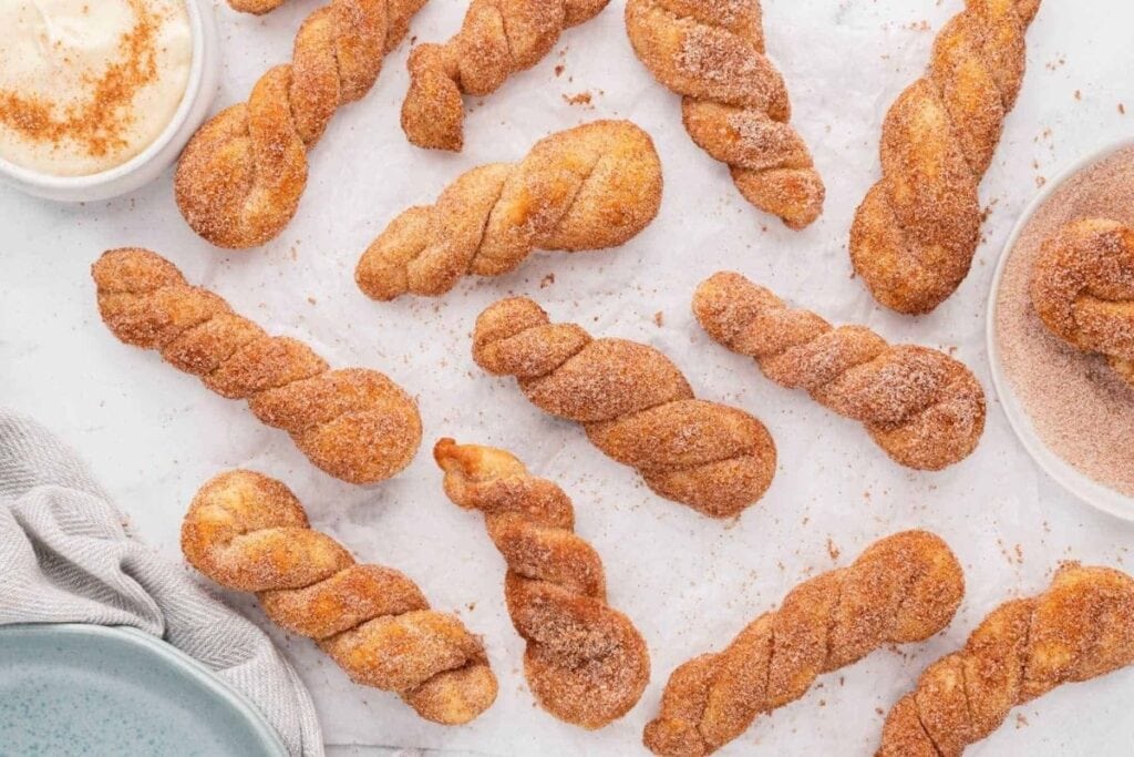 A close up shot of cinnamon twists.