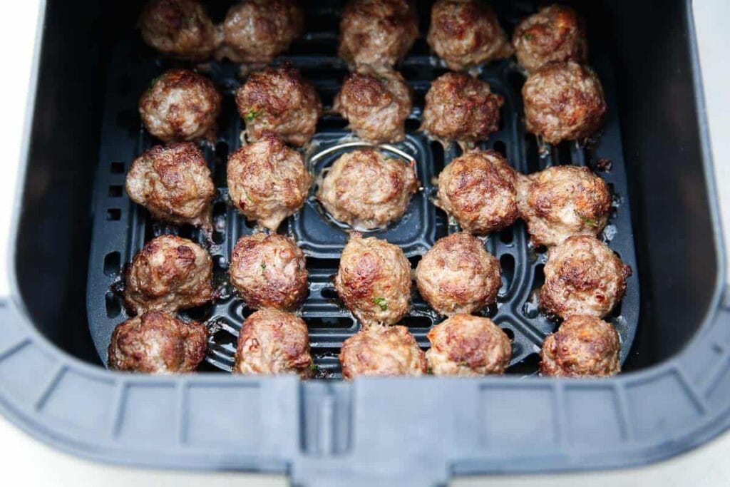 A close up shot of air fryer meatballs.