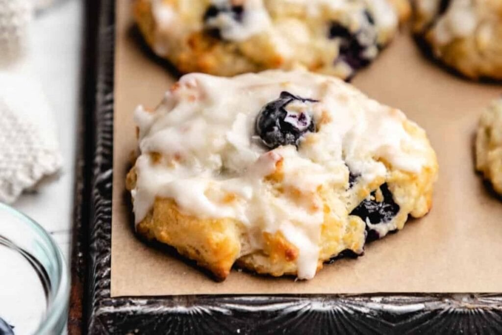 A close up shot of blueberry biscuits.